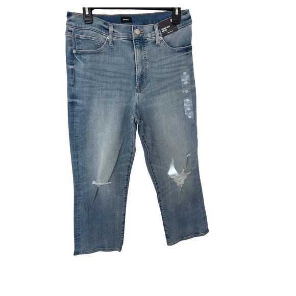 Express Denim - Express Straight Ankle High Rise Distressed Hyper Stretch Jeans